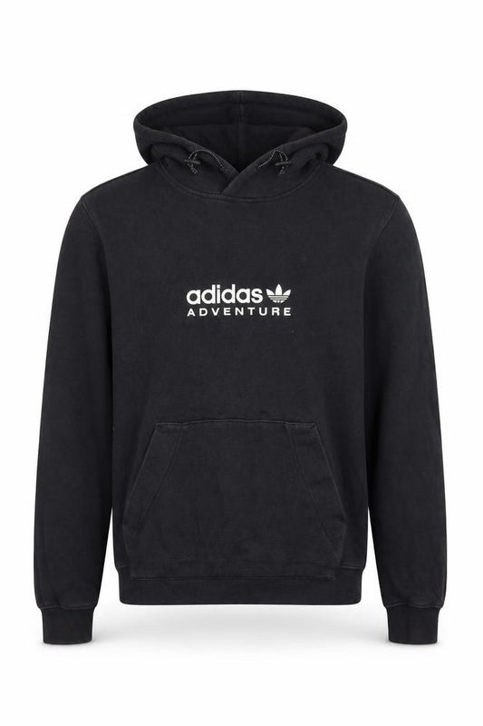 Front view of adidas Men Black XS Pullover Hoodie Adventure Logo Fleece Sweatshirt