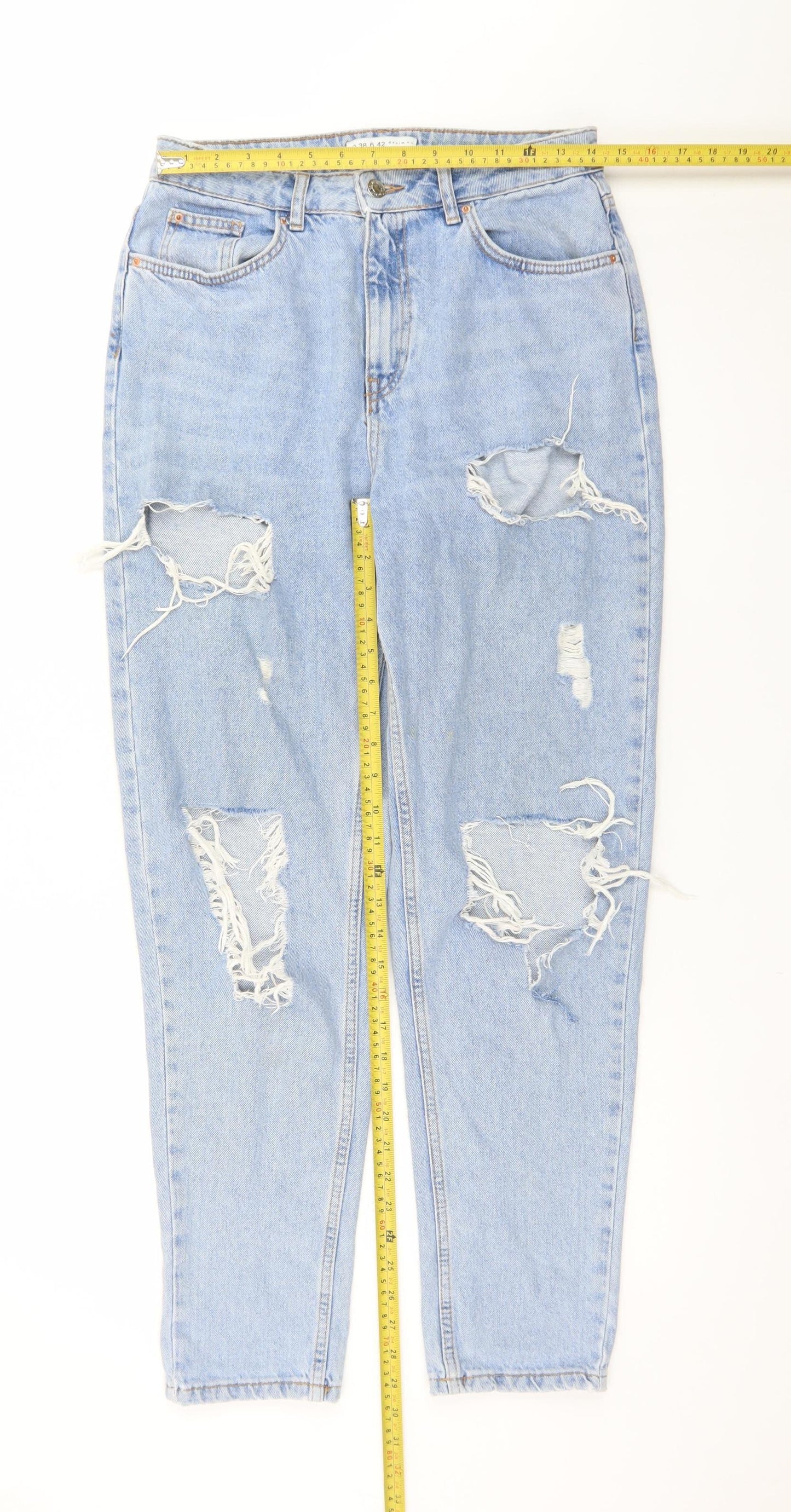 Primark Women’s Blue Distressed Mom Jeans Size 10 High Rise Denim