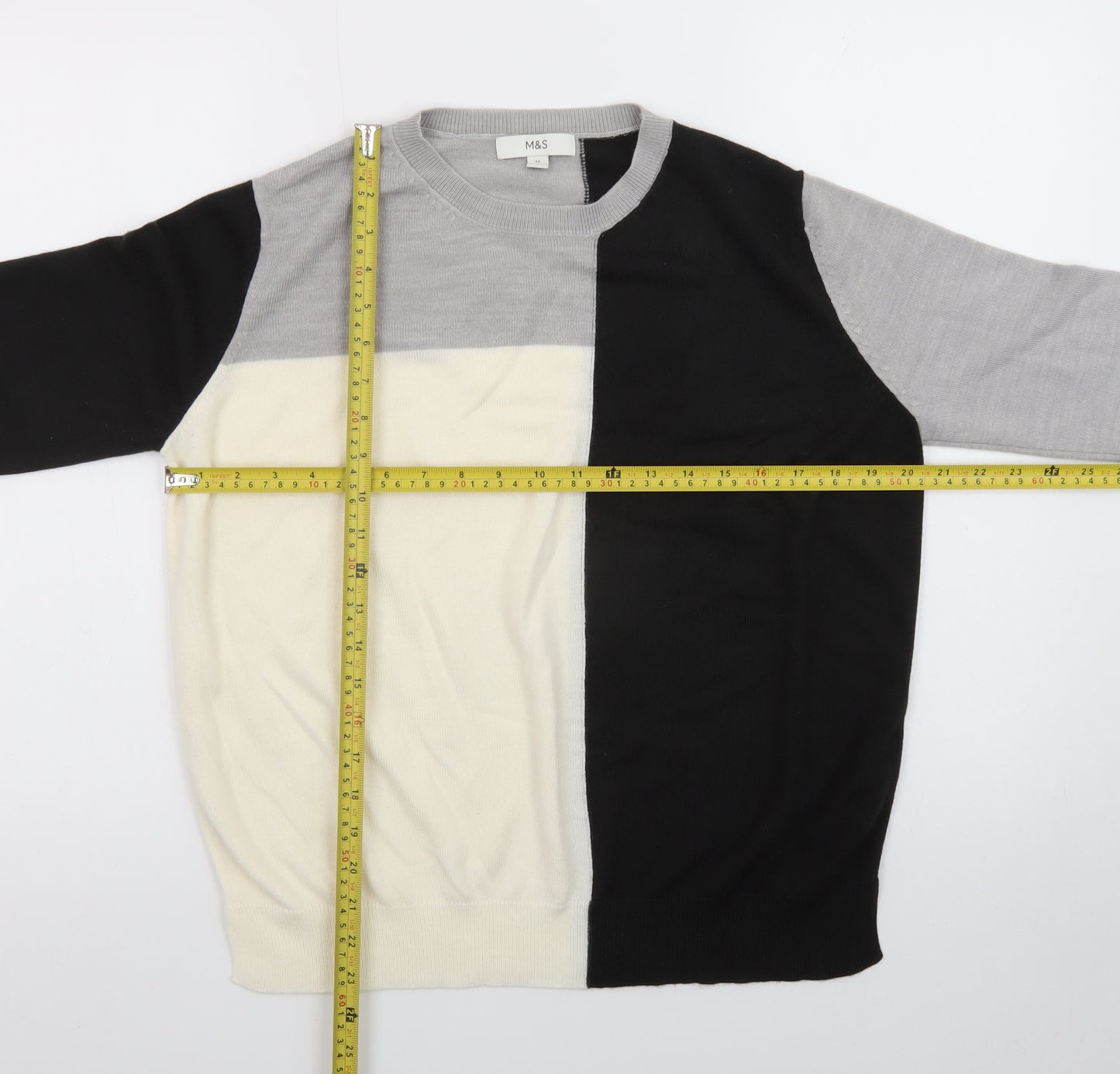 Marks and Spencer Women's Colour Block Knit Jumper Size 12 Black Grey Ivory