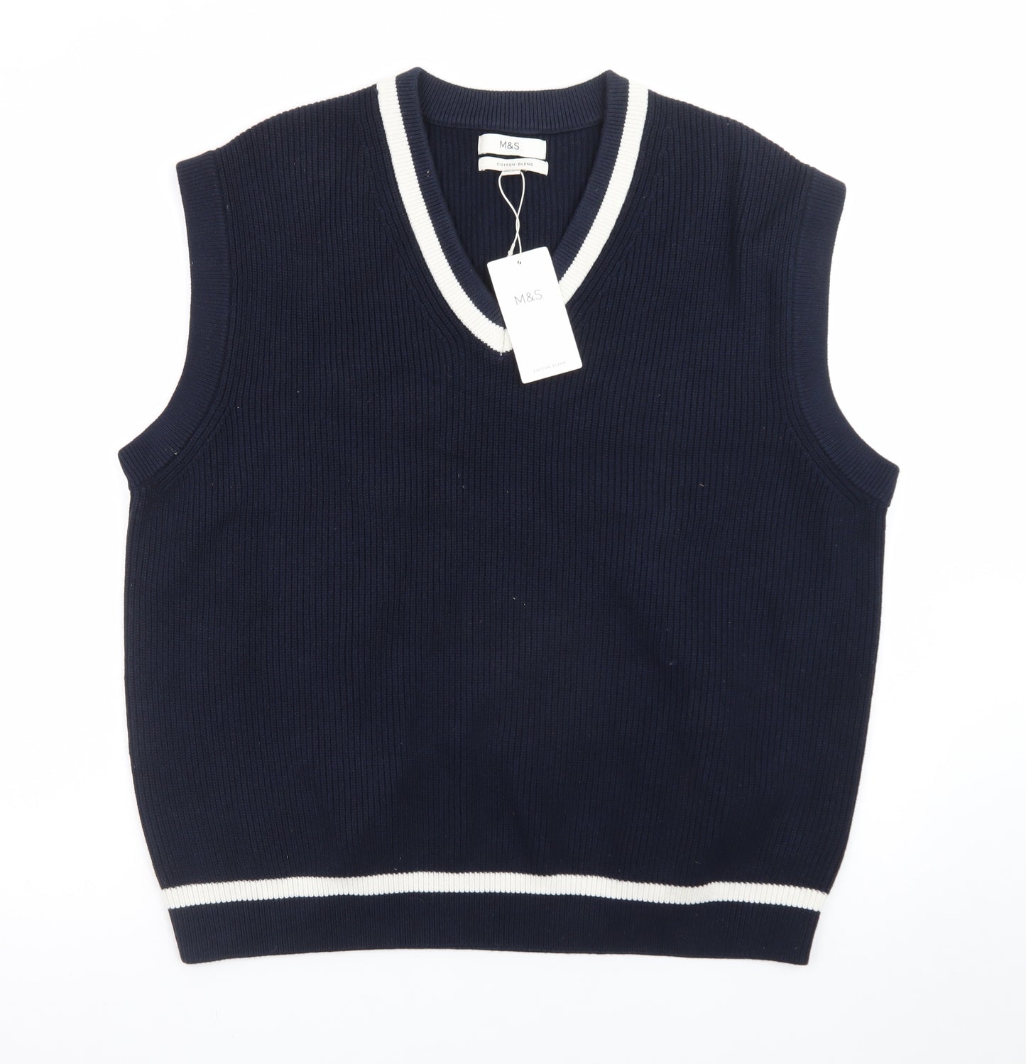 Marks and Spencer Men's Blue Cotton Blend V-Neck Sleeveless Jumper Vest XL