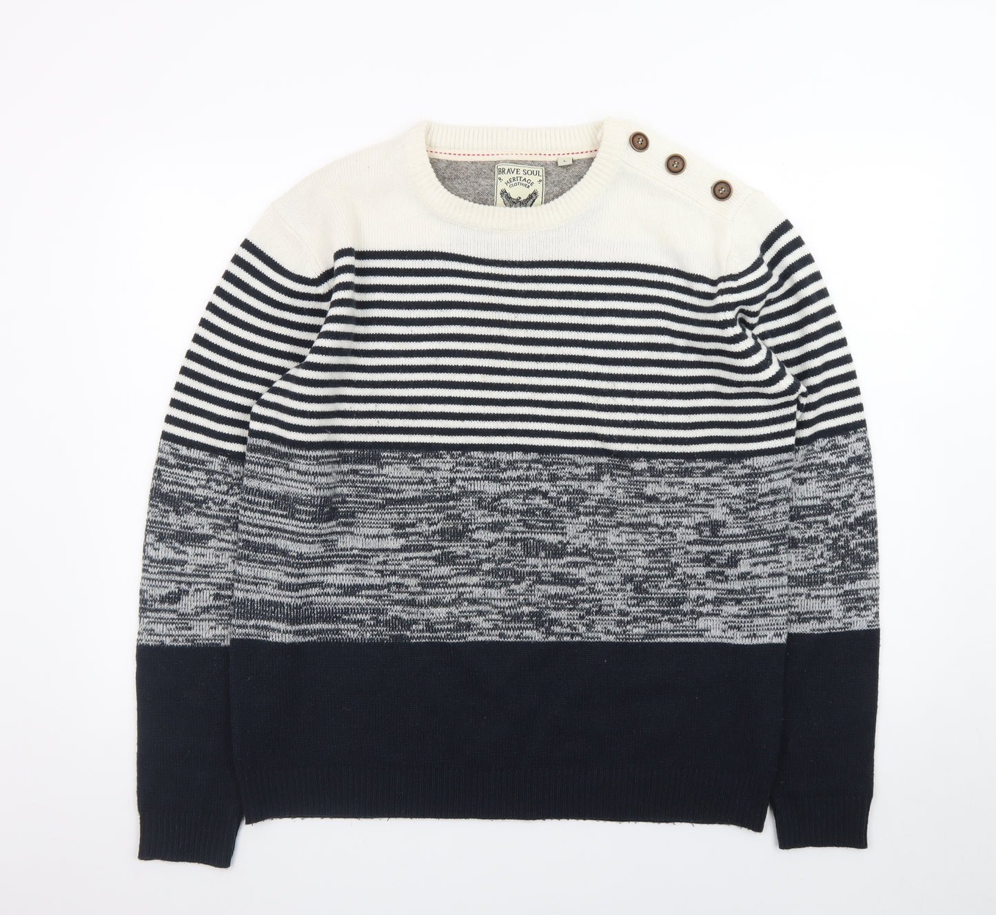 Brave Soul Men's Blue Striped Knit Crew Neck Pullover Jumper Size L