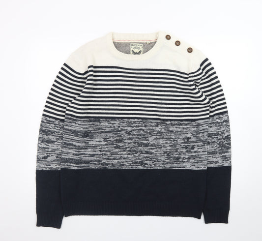 Brave Soul Men's Blue Striped Knit Crew Neck Pullover Jumper Size L