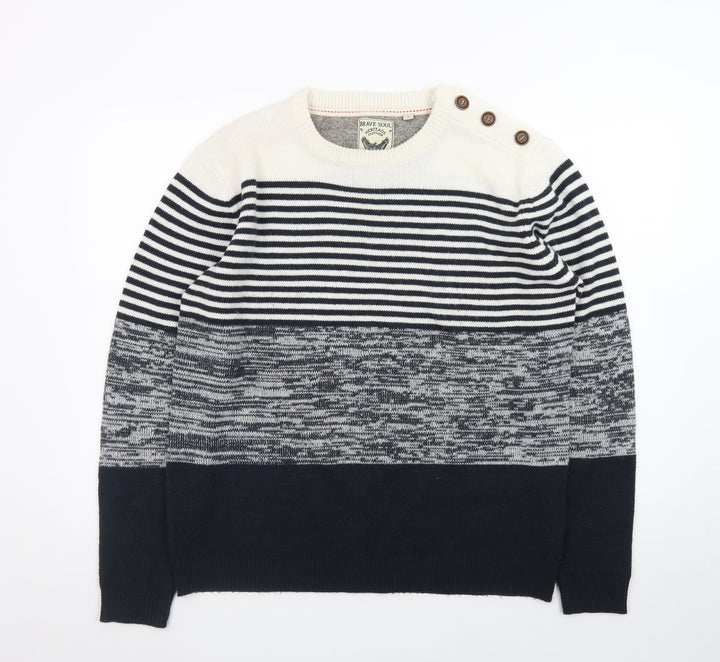 Brave Soul Men's Blue Striped Knit Crew Neck Pullover Jumper Size L