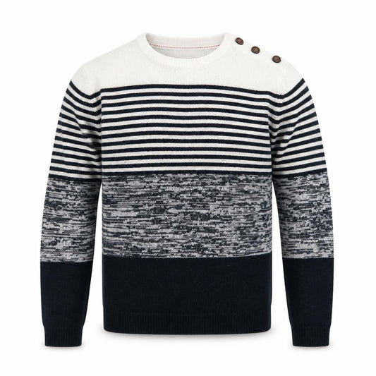 Front view of Brave Soul Men's Blue Striped Knit Crew Neck jumper, size L