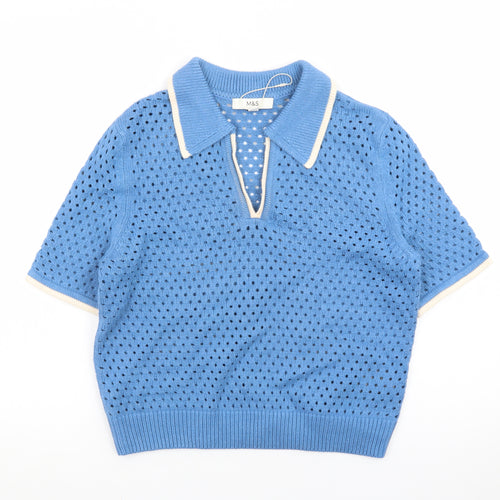 Marks and Spencer Women Blue Collared Open Knit Short Sleeve Jumper S