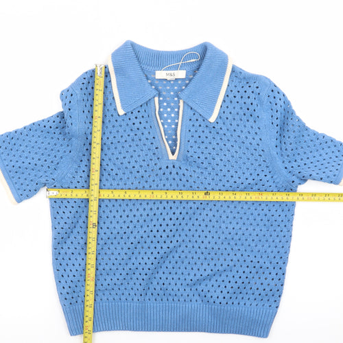 Marks and Spencer Women Blue Collared Open Knit Short Sleeve Jumper S
