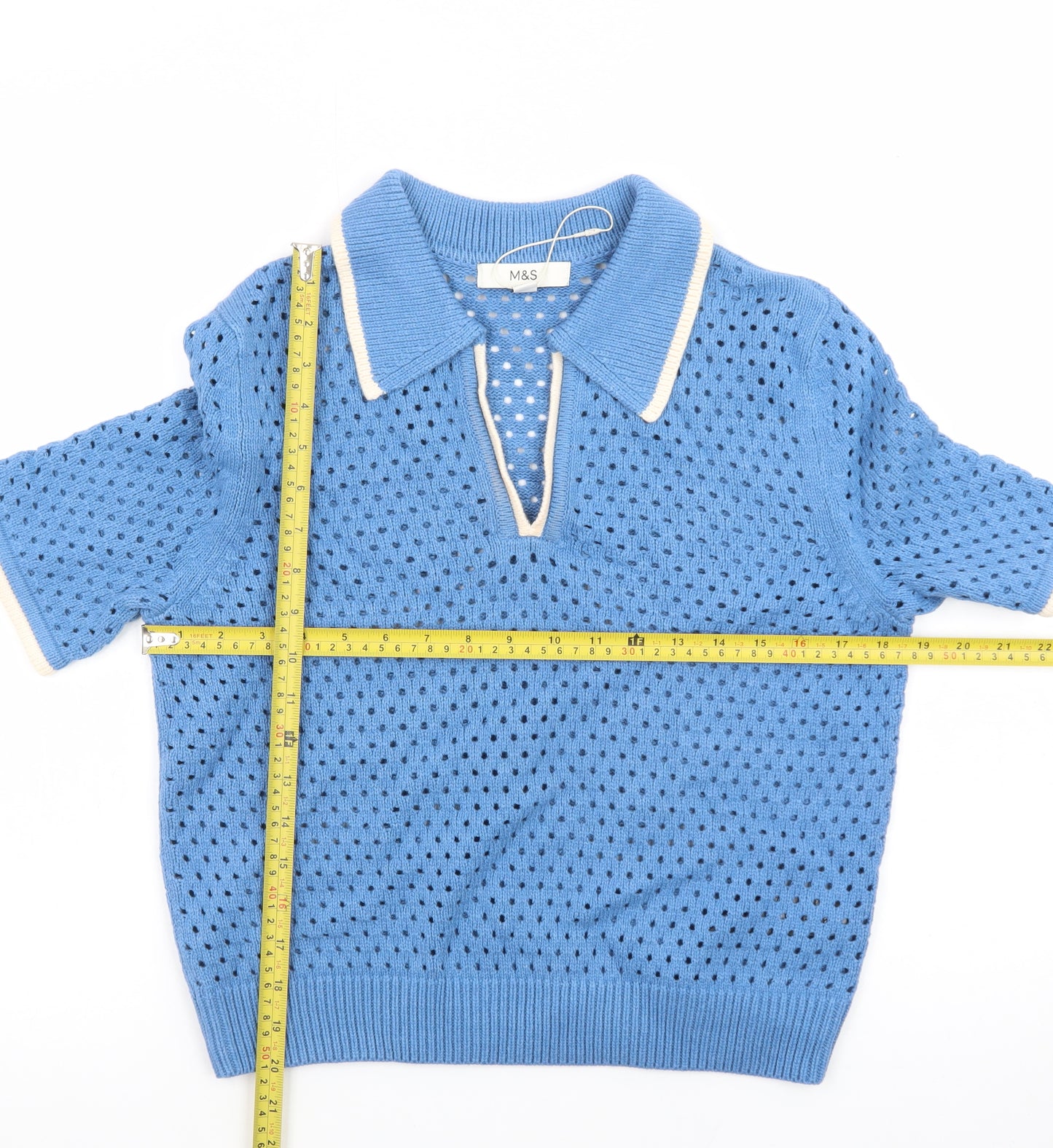 Marks and Spencer Women Blue Collared Open Knit Short Sleeve Jumper S