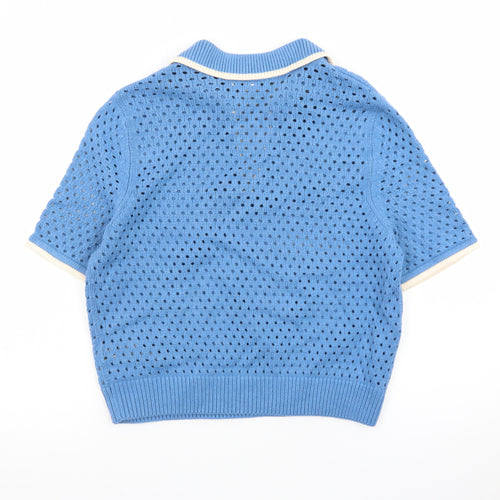 Marks and Spencer Women Blue Collared Open Knit Short Sleeve Jumper S