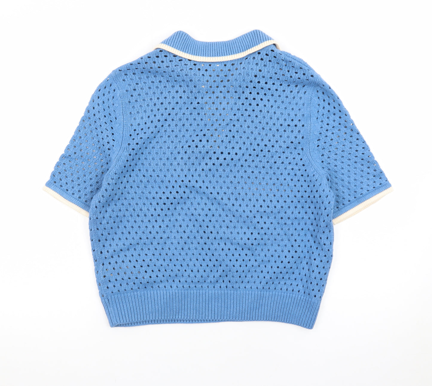 Marks and Spencer Women Blue Collared Open Knit Short Sleeve Jumper S