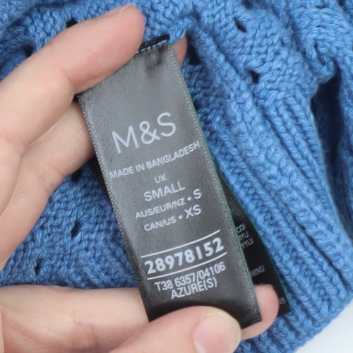 Marks and Spencer Women Blue Collared Open Knit Short Sleeve Jumper S