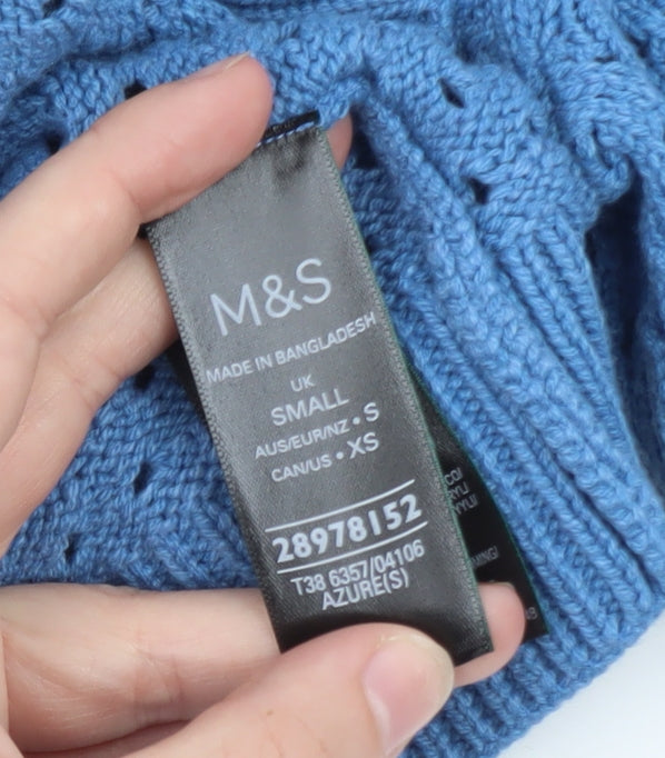 Marks and Spencer Women Blue Collared Open Knit Short Sleeve Jumper S