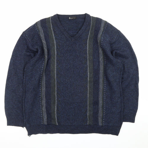 BHS Men's Blue Wool Blend V-Neck Pullover Jumper Size L