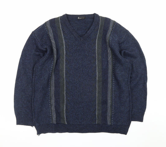 BHS Men's Blue Wool Blend V-Neck Pullover Jumper Size L