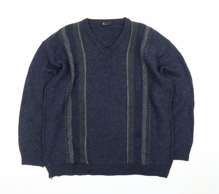 BHS Men's Blue Wool Blend V-Neck Pullover Jumper Size L