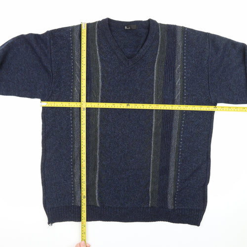 BHS Men's Blue Wool Blend V-Neck Pullover Jumper Size L