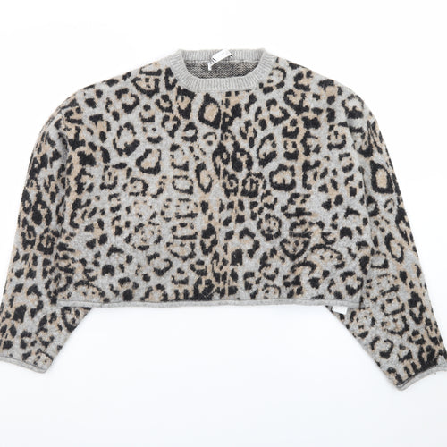 Zara Women Grey Leopard Print Wool Blend Pullover Jumper Size 14