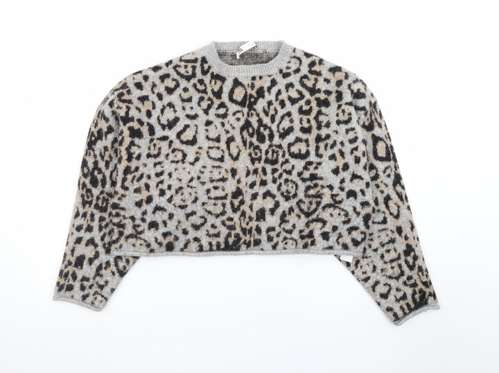 Zara Women Grey Leopard Print Wool Blend Pullover Jumper Size 14