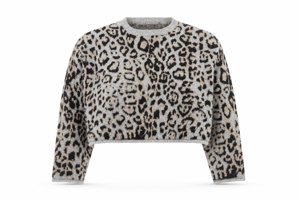 Front view of Zara Women Grey Leopard Print Wool Blend jumper, size 14