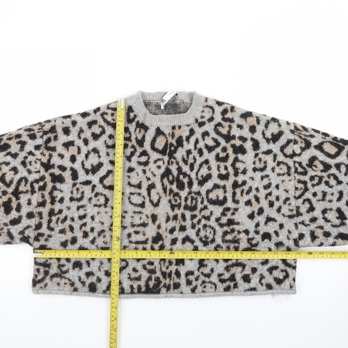 Zara Women Grey Leopard Print Wool Blend Pullover Jumper Size 14