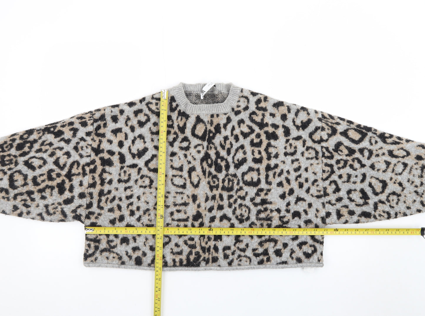 Zara Women Grey Leopard Print Wool Blend Pullover Jumper Size 14