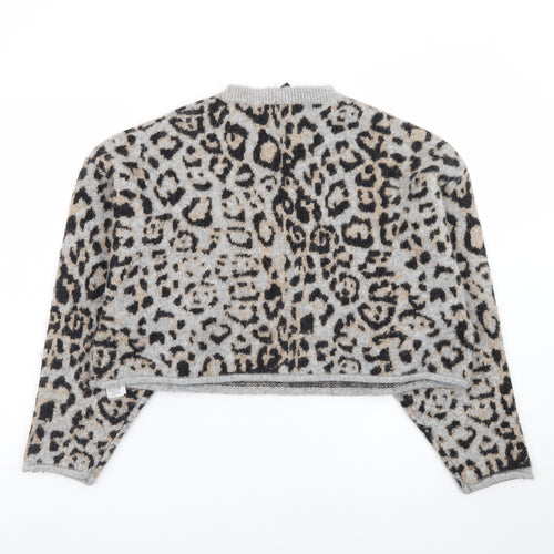 Zara Women Grey Leopard Print Wool Blend Pullover Jumper Size 14