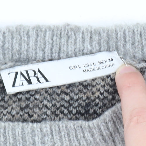 Zara Women Grey Leopard Print Wool Blend Pullover Jumper Size 14