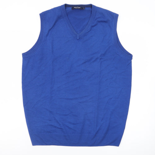 James Pringle Men's Blue Wool Sleeveless V-Neck Vest Jumper Size M