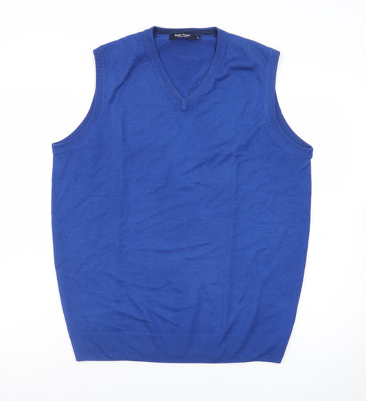 James Pringle Men's Blue Wool Sleeveless V-Neck Vest Jumper Size M