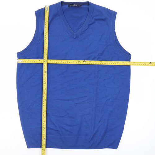 James Pringle Men's Blue Wool Sleeveless V-Neck Vest Jumper Size M