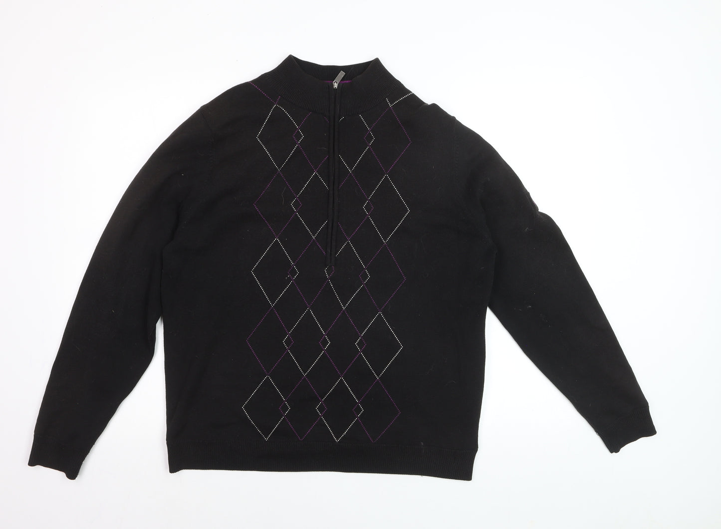 Green Lamb Women's Black Argyle 1/2 Zip Jumper Size 16