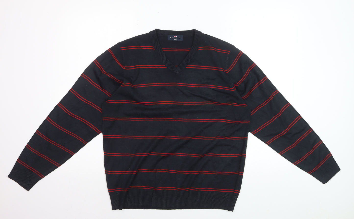Marks and Spencer Men’s Navy Red Stripe V-Neck Pullover Jumper M