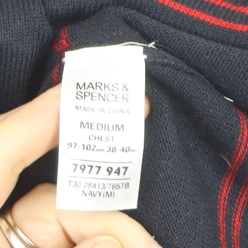 Marks and Spencer Men’s Navy Red Stripe V-Neck Pullover Jumper M