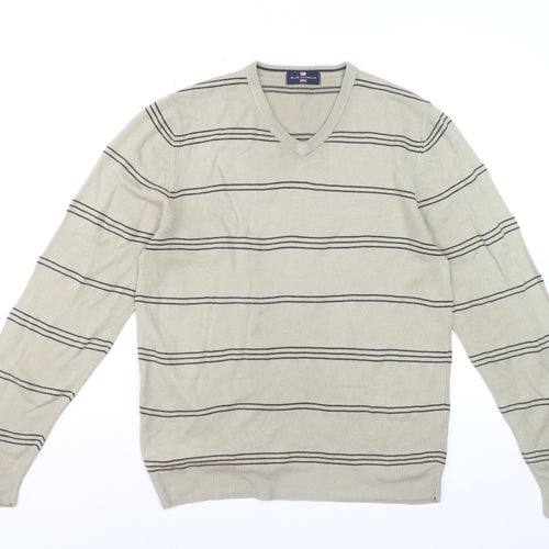 Marks and Spencer Blue Harbour Men's Beige Striped V-Neck Jumper Medium