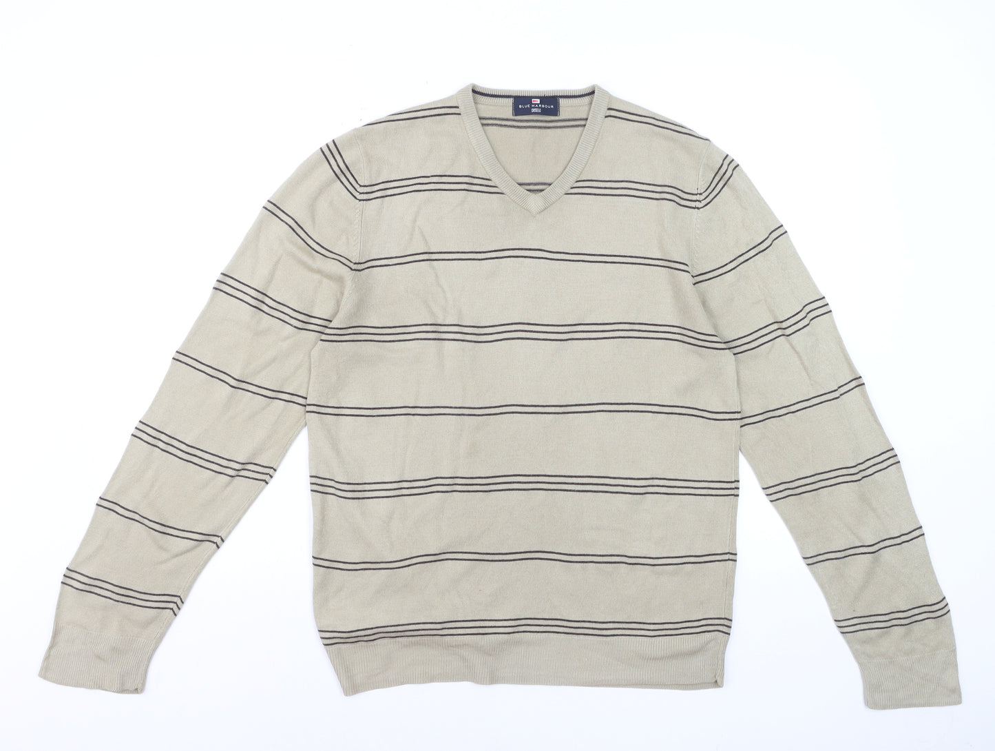 Marks and Spencer Blue Harbour Men's Beige Striped V-Neck Jumper Medium