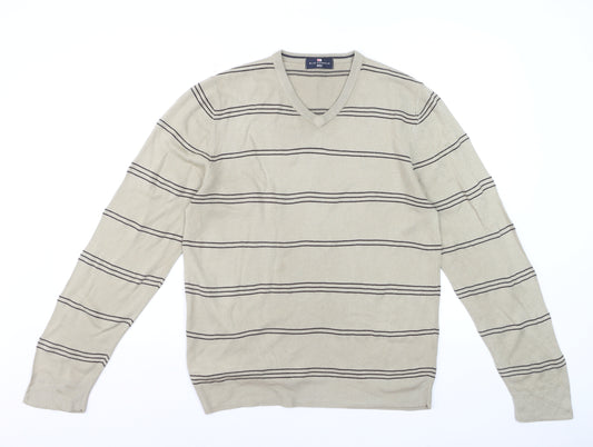 Marks and Spencer Blue Harbour Men's Beige Striped V-Neck Jumper Medium