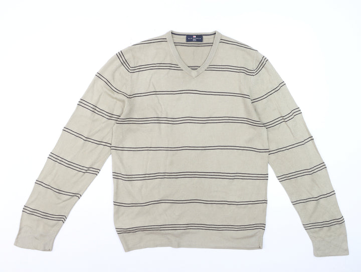 Marks and Spencer Blue Harbour Men's Beige Striped V-Neck Jumper Medium