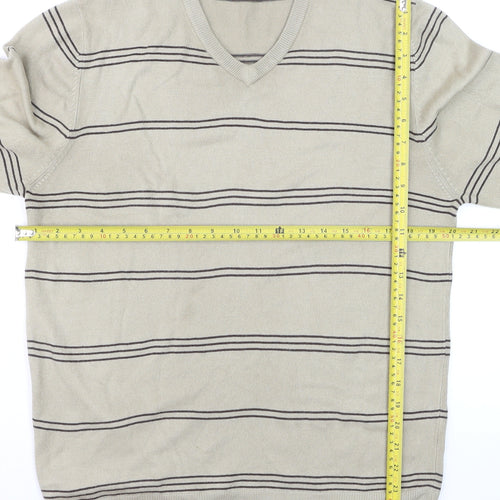 Marks and Spencer Blue Harbour Men's Beige Striped V-Neck Jumper Medium