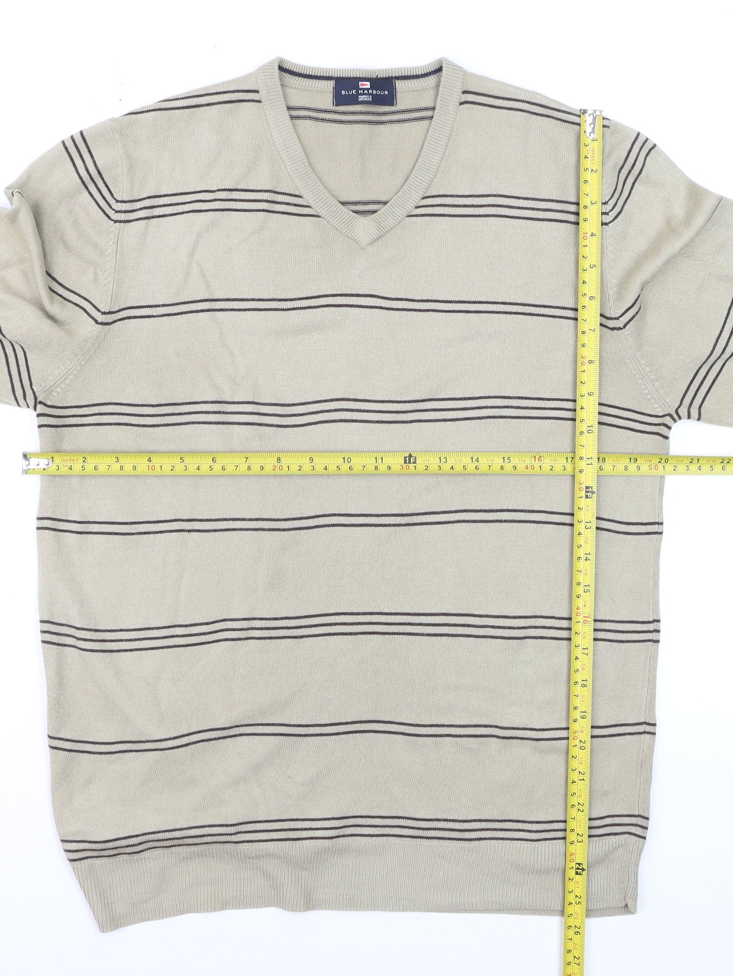 Marks and Spencer Blue Harbour Men's Beige Striped V-Neck Jumper Medium