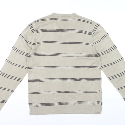 Marks and Spencer Blue Harbour Men's Beige Striped V-Neck Jumper Medium