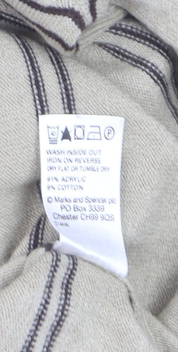 Marks and Spencer Blue Harbour Men's Beige Striped V-Neck Jumper Medium