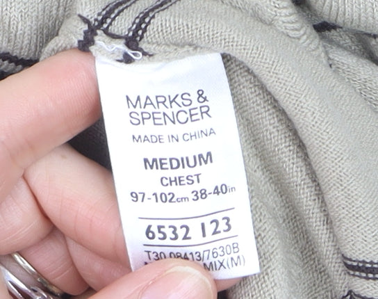 Marks and Spencer Blue Harbour Men's Beige Striped V-Neck Jumper Medium