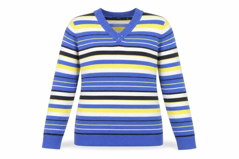Front view of Isle Essentials Women’s Multicoloured Striped V-Neck Knit Jumper L