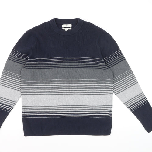 Marks and Spencer Men's Blue Striped Cotton Blend Crew Neck Jumper L