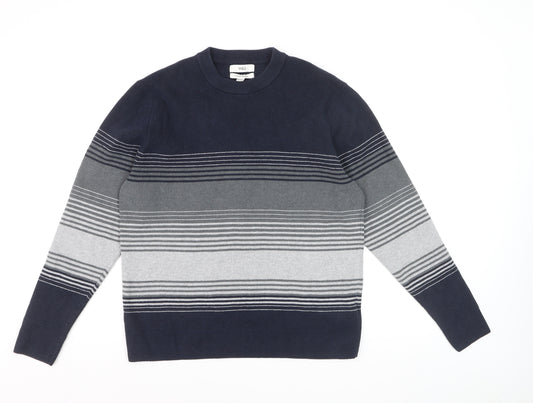 Marks and Spencer Men's Blue Striped Cotton Blend Crew Neck Jumper L