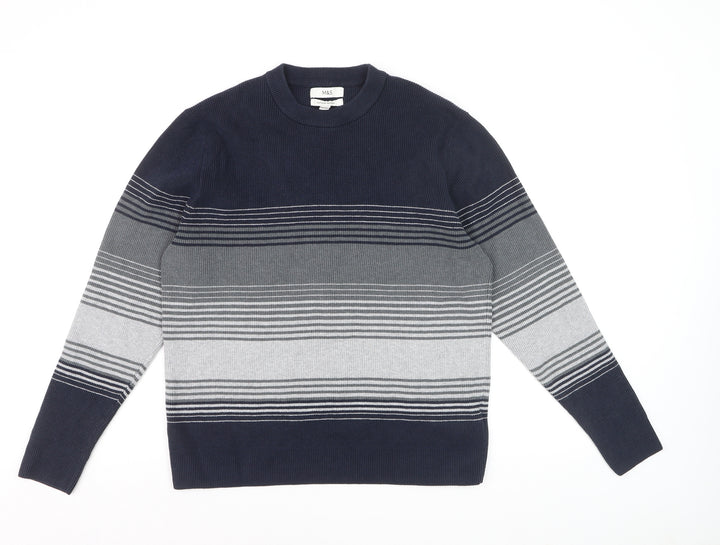 Marks and Spencer Men's Blue Striped Cotton Blend Crew Neck Jumper L