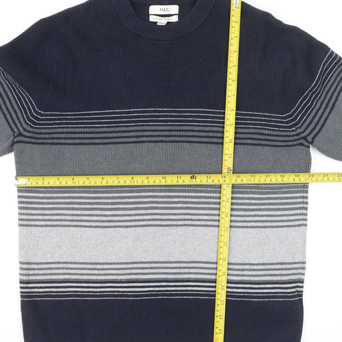 Marks and Spencer Men's Blue Striped Cotton Blend Crew Neck Jumper L