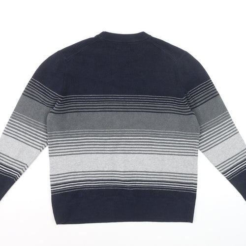 Marks and Spencer Men's Blue Striped Cotton Blend Crew Neck Jumper L
