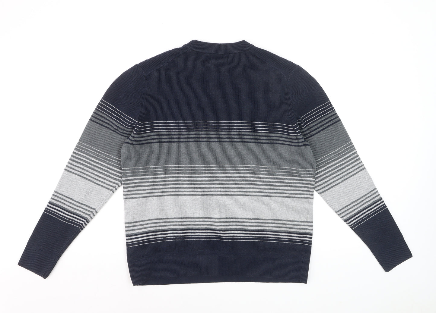Marks and Spencer Men's Blue Striped Cotton Blend Crew Neck Jumper L