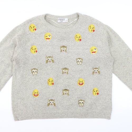 By Bravado Women Grey Emoji Pullover Jumper L Knit Crew Neck