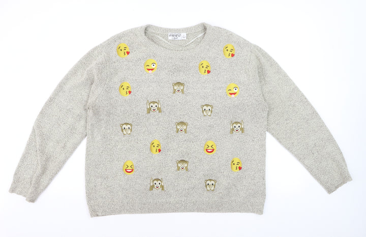 By Bravado Women Grey Emoji Pullover Jumper L Knit Crew Neck